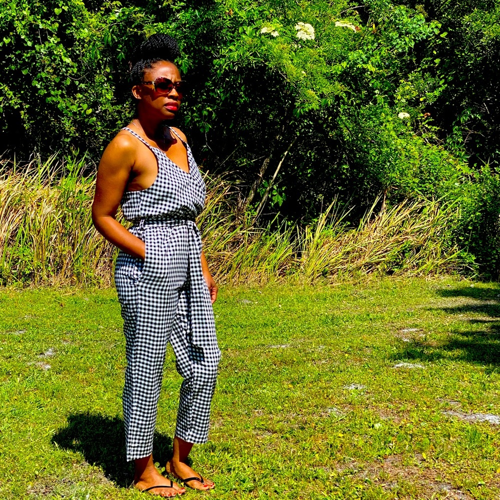 Black And White Cotton Gingham Print Jumpsuit